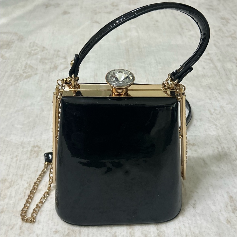 Black Patent Top-Handle Evening Bag with Gold Accents